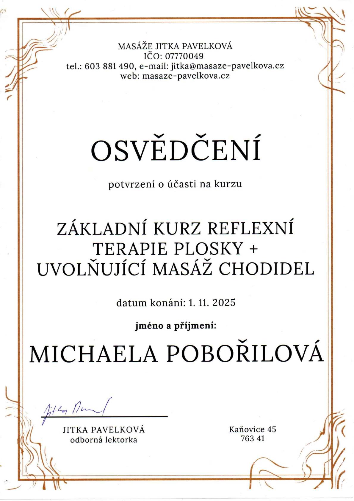 certifikát- reflexni terapie chodidel